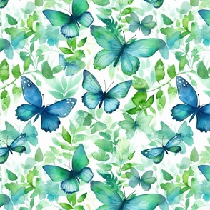 watercolor botanical butterflies in teal and green