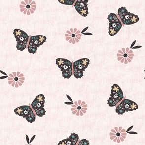 Medium Scale // Vintage Butterflies  Floral on Blush Rose Pink
