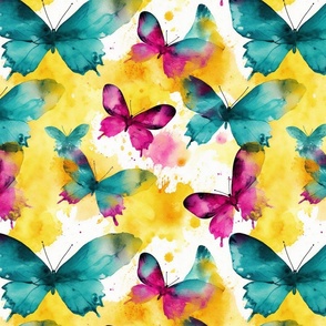 watercolor butterflies in yellow and teal and magenta splatter art