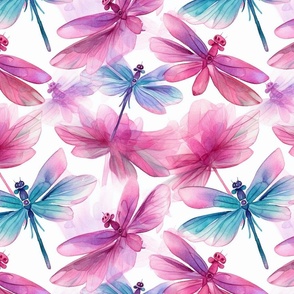 watercolor dragonflies in blue and pink magenta