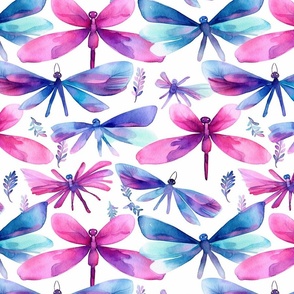 watercolor botanical dragonflies in blue and pink magenta 