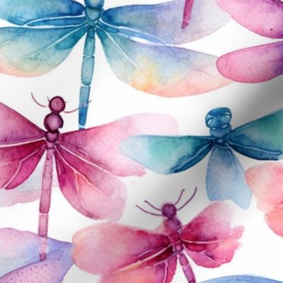 watercolor dragonflies in blue and pink magenta 