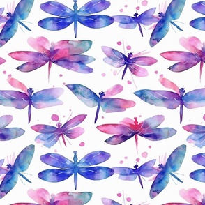 watercolor dragonflies in blue and purple and fuschia