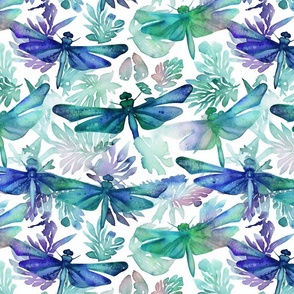 watercolor dragonflies in green and teal and purple 