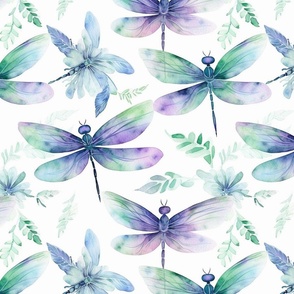 soft pastel watercolor dragonflies in green and blue and purple