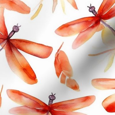 botanical watercolor dragonflies in red and orange 