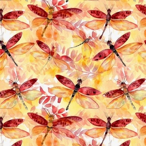 botanical print watercolor dragonflies in red and orange 