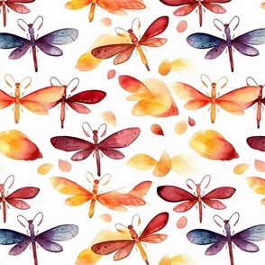 tropical watercolor dragonflies in red and orange 