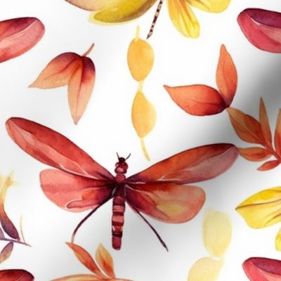 watercolor dragonflies and butterflies  in red and orange 