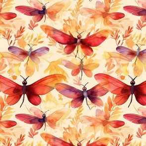 watercolor butterflies and dragonflies in red and orange 