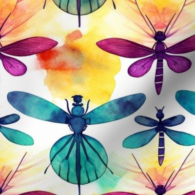 watercolor dragonflies in teal and yellow and fuschia splatter art