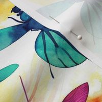 watercolor dragonflies in teal and yellow and fuschia splatter art