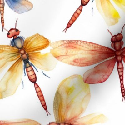 watercolor dragonflies in yellow and red and orange