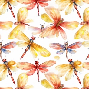 watercolor dragonflies in yellow and red and orange