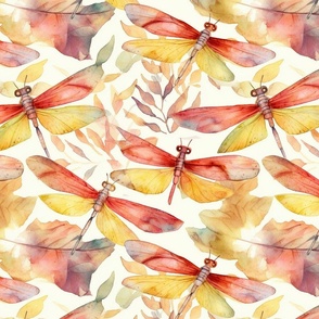 botanical watercolor dragonflies in yellow and red 