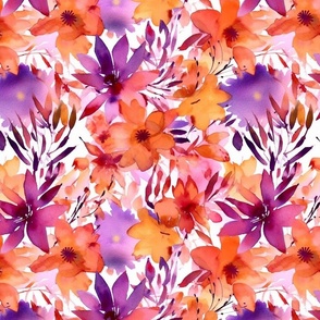 tropical watercolor floral in orange and magenta 