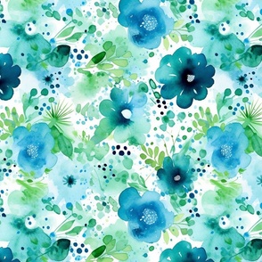 watercolor flowers and bubbles in blue and green