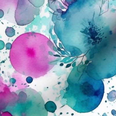 watercolor flowers and bubbles in magenta and teal