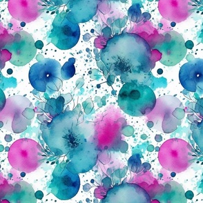 watercolor flowers and bubbles in magenta and teal