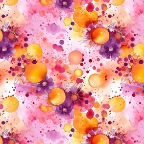 splash art watercolor flowers and bubbles in magenta and purple and orange