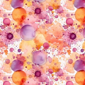 watercolor flowers and bubbles in orange and purple splatter art