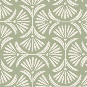 Flower Ogee _ Creamy White, Light Sage Green _ Hand Painted Floral