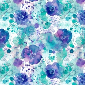 watercolor flowers and bubbles in purple and green