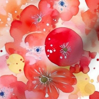 watercolor flowers and bubbles in red and orange