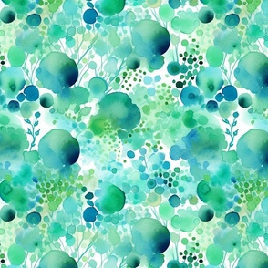 watercolor flowers and bubbles in teal and green