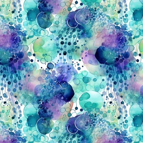 watercolor flowers and bubbles in teal and purple