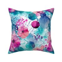 watercolor flowers and bubbles in pink and magenta and teal