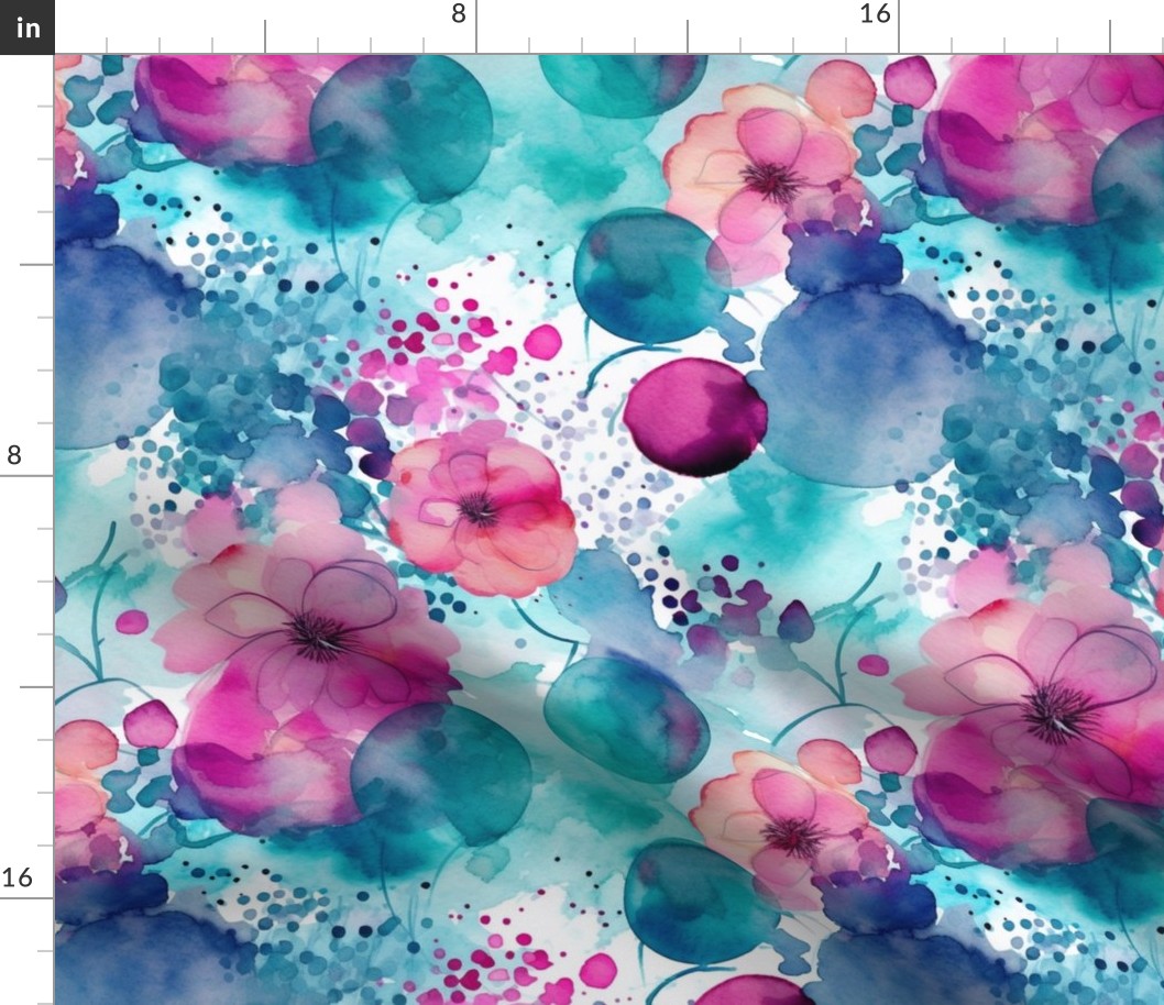 watercolor flowers and bubbles in pink and magenta and teal