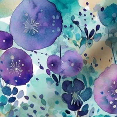 watercolor flowers and bubbles in purple and teal and green