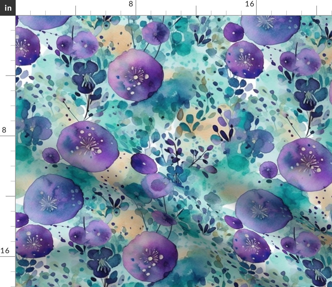 watercolor flowers and bubbles in purple and teal and green