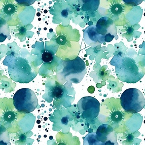 watercolor flowers and bubbles in teal and blue and green