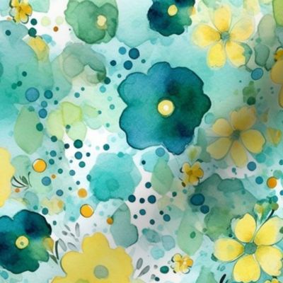 watercolor flowers and bubbles in yellow and teal and green