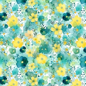 watercolor flowers and bubbles in yellow and teal and green