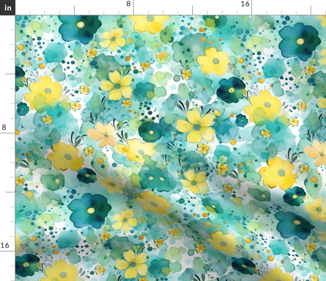 watercolor flowers and bubbles in yellow and teal and green