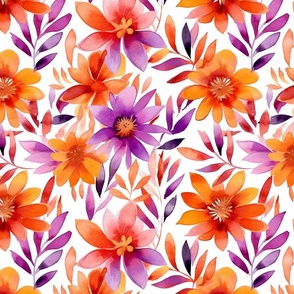 watercolor tropical flowers in orange and magenta 