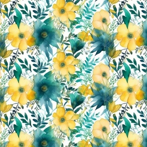 watercolor flowers in teal and yellow