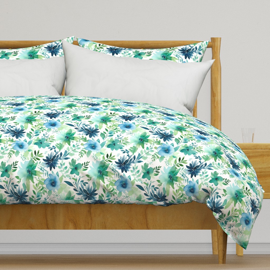 tropical watercolor flowers in teal and green and blue