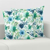 tropical watercolor flowers in teal and green and blue