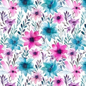 watercolor flowers in teal and magenta  and pink