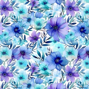 watercolor flowers in purple and turquoise and blue