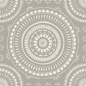 mandala - creamy white _ cloudy silver taupe - hand drawn geometric tile