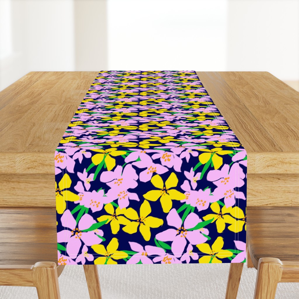 Orange Blossoms Tropical Pink And Yellow Flower Blooms On Navy Field Retro Modern Botanical Fruit Tree Grandmillennial Floral Pattern