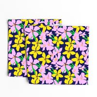 Orange Blossoms Tropical Pink And Yellow Flower Blooms On Navy Field Retro Modern Botanical Fruit Tree Grandmillennial Floral Pattern