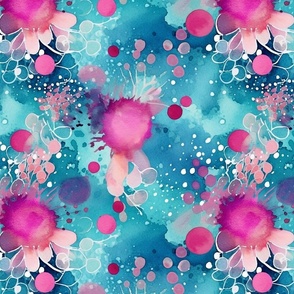 watercolor flowers and bubbles in magenta and teal and turquoise