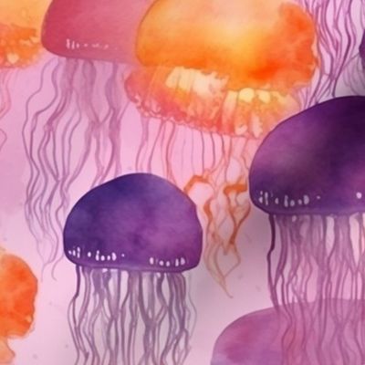 tropical watercolor jellyfish in orange and magenta and purple