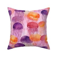 tropical watercolor jellyfish in orange and magenta and purple